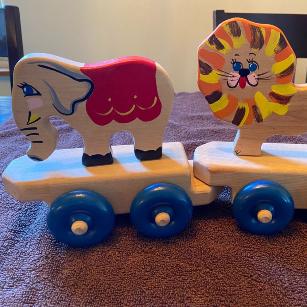 Wooden Hand Painted Circus Train Elephant and Lion